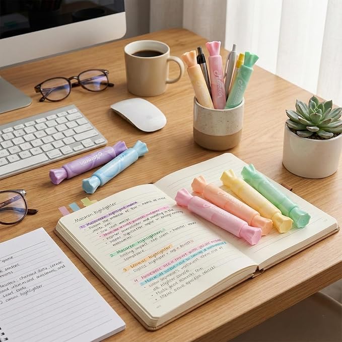 6 Pack Cute Candy Shaped Highlighters, Dual Tip Pastel Highlighter, Assorted Colors Marker Pen for Journals Planners Books Notes, Quick Dry, Write Smoothly, Macaron Colors