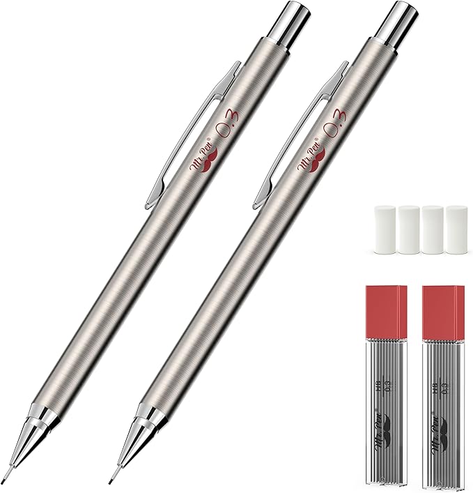 Mr. Pen- Metal Mechanical Pencil Set with Lead Refills & Erasers, 2 Pack, 0.3mm, 4x Tubes HB Lead Refill, 4x Eraser Refills for School Supplies, Note Taking, Drawing, Sketching, Office