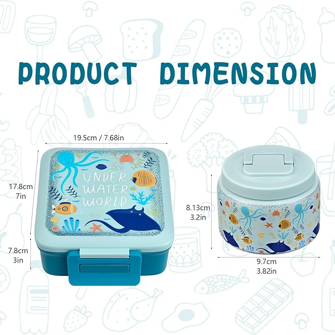 JXXM Bento Lunch Box for Kids with 8oz Soup Thermo,Leak-Proof Lunch Containers with 5 Compartment,Thermo Food Jar Food Containers for School (Blue-Octopus)