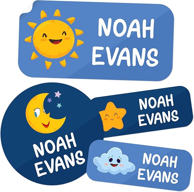 Personalized Daycare Name Labels for Kids, (130Pack) Waterproof Custom Name Stickers for Clothing Tags, Lunch Boxes and School Supplies, Made in USA by MSC -Sun