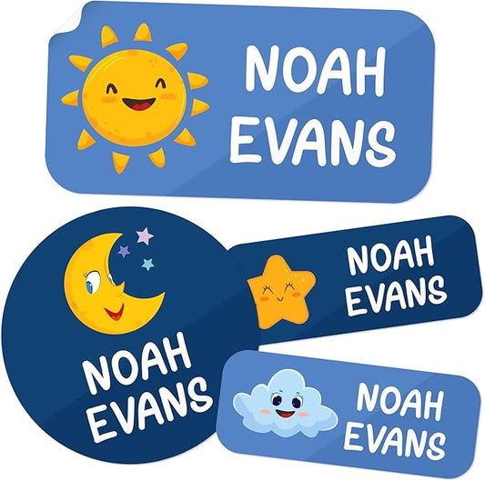 Personalized Daycare Name Labels for Kids, (130Pack) Waterproof Custom Name Stickers for Clothing Tags, Lunch Boxes and School Supplies, Made in USA by MSC -Sun