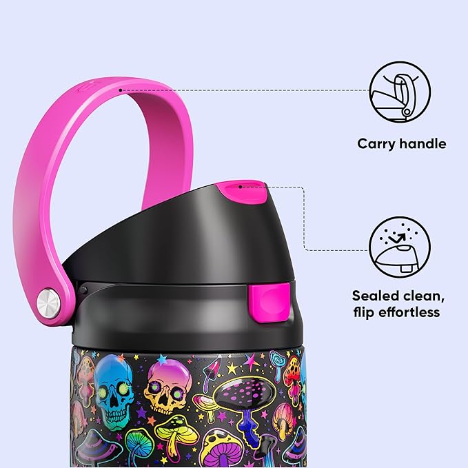 Encool SwiftSip Insulated Stainless Steel Water Bottle with Straw - Leak Proof Sports Water Bottle for School, Travel, Keeps Cold All Day, One-Touch Flip Lid, BPA-Free, 24 oz, Trippy Skulls