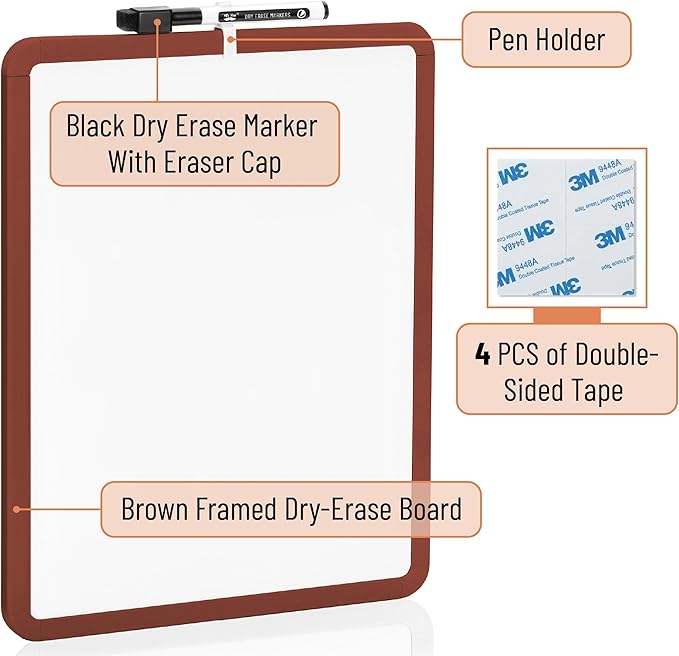 Mr. Pen- Dry Erase Board, 14” x 11” with a Black Dry Erase Marker, Chocolate Brown Frame, Small Mini White Board for Students, Fridge, Wall, Locker, Includes Double Sided Tapes