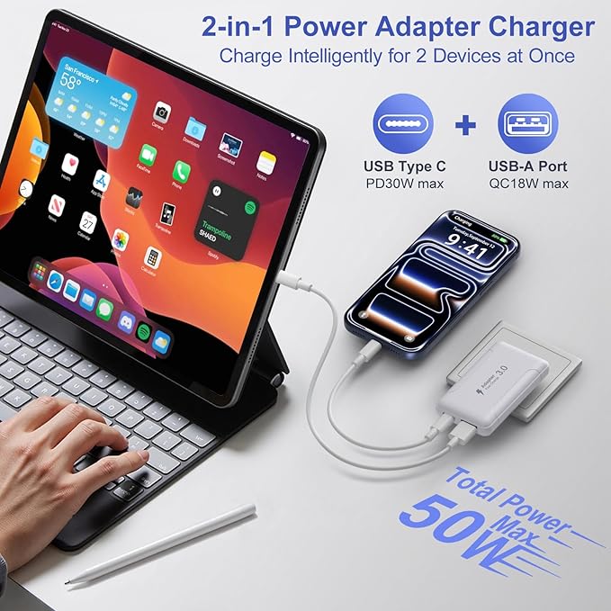 Slim Flat USB C Wall Plug, OKRAY 50W Ultra-Thin&Foldable Dual USB Charger PD30W USB-C+USB-A Fast Charging Block Multiport Travel Power Adapter for iPhone 17 Air 16 15 14 13 12 Pro,iPad, AirPods,iwatch