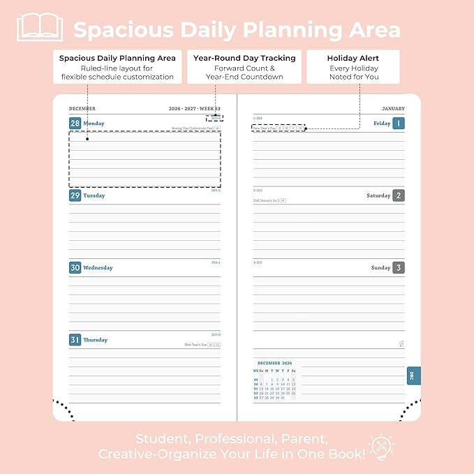 Planner 2026-2027 Daily Weekly and Monthly,6.5"x3.75",18 Months Spiral Bound Calendar Agenda with Self-adhesive Pen Holder,2026 Academic Plan with Vegan Leather Soft Cover,Pink