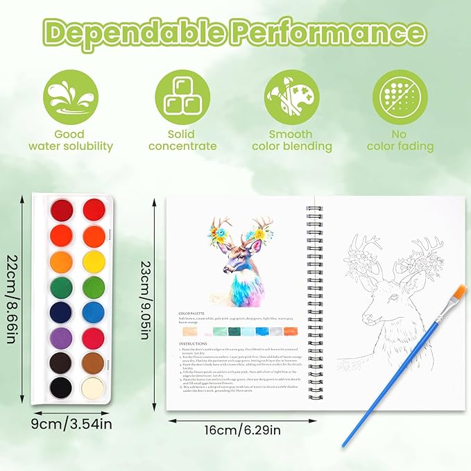 Watercolor Workbook, 13 Original DIY Flowers & Animals Patterns, 16 Colors Watercolor Paint Set with Brushes, Portable Spiral Watercolor Book Kit, Art Exploration Gift for Adults & Older Teens
