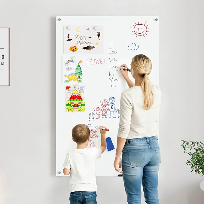 Magnetic Glass Whiteboard for Wall, 48" x 32" Large Dry Erase Board, Frameless Wall-Mounted White Board School, Classroom, Office & Home