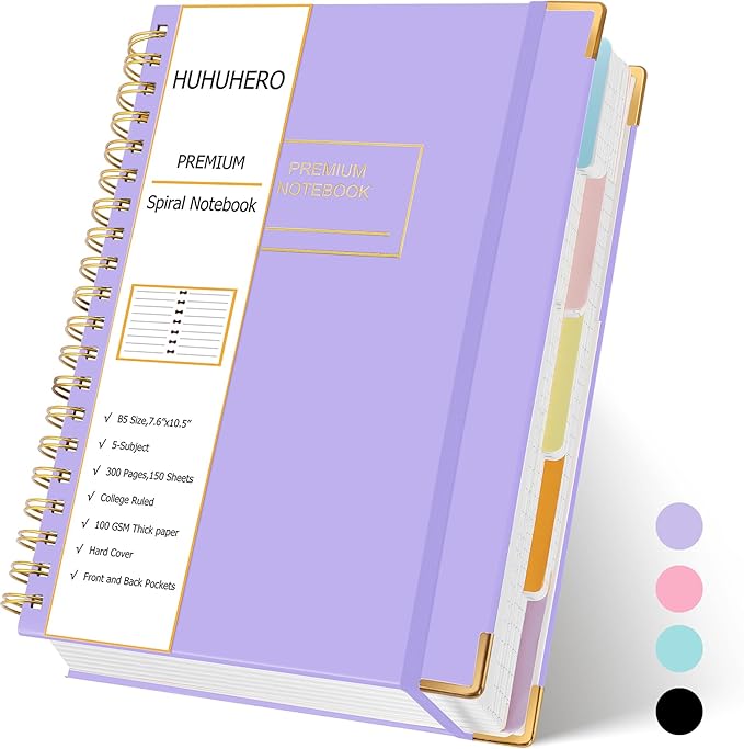 Huhuhero Spiral Notebook Journal, 240 Pages 5 Subject Notebook College Ruled, 7.6" x 10.5", Cute Hardcover Lined Spiral Journals for Work School Writing Women Men, College School Supplies, Purple