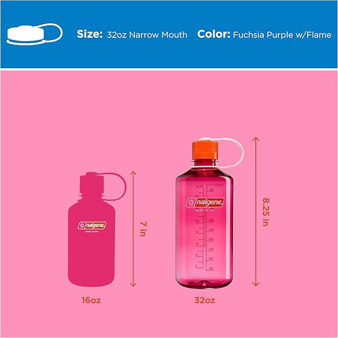 Nalgene 32 oz Narrow Mouth Water Bottle | BPA-Free, Durable & Leak Proof, Lightweight for Hiking & Gym – Thrill & Motion, Fuschia Purple w/Flame