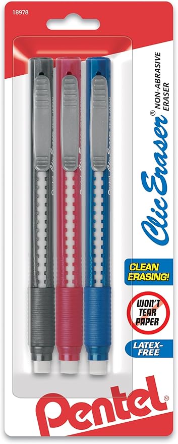 Pentel Clic Retractable Eraser with Grip, Assorted Barrel Colors (ZE21BP3M) (Pack of 3)