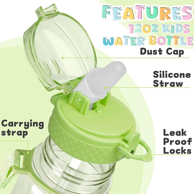 OLDLEY 17oz Kids Water Bottle, Tritan BPA-Free, Leakproof Flip Straw Lid, Motivational Time Marker, Carry Strap, Reusable Clear Water Bottle for Boys & Girls,Parrott Green