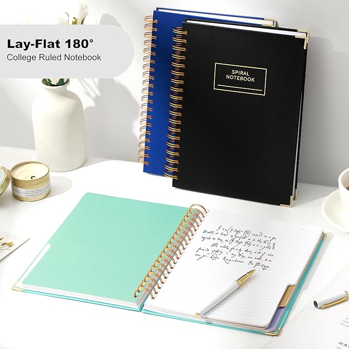Yoment 2 Pack 5 Subject Notebook College Ruled, Hardcover Spiral Notebooks for Work School, B5 Multi Subject Notebook with Tabs Dividers, 240 Pages Lined Journal for Women Men, Pink&Black