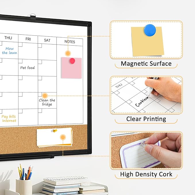 Dry Erase Calendar Whiteboard for Wall, 30"x20" Magnetic Monthly White Board Cork Board Combo, Double Sided, Black Aluminum Frame, Wall Hanging Wipe Board for Home, Office, School, Dorm