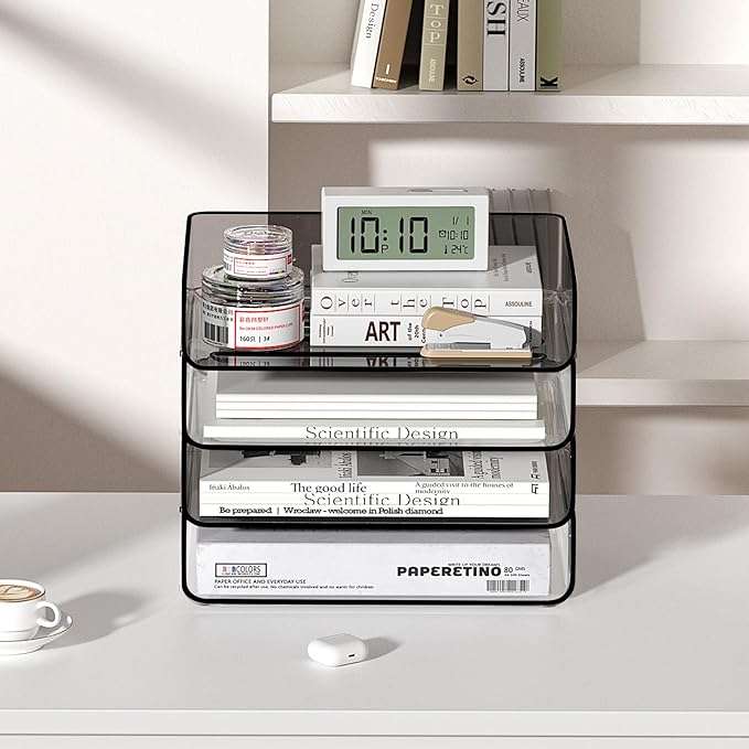 FANXIYQ 4-Tier Horizontal Acrylic Paper Tray Organizer | Clear Stackable Desk Organizer for Documents, Letters, A4 Paper | Modern Office/Classroom/Home Organization,Clear&Brown