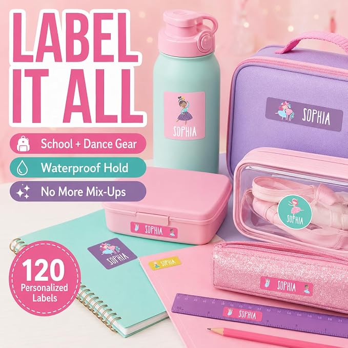 Andaz Press Custom Personalized Waterproof School Name Labels, Ballerina, 120-Pack, Kids Labels Combo Pack, Customizable Multi-Use Name Stickers Back to School Supplies Custom Name Stickers