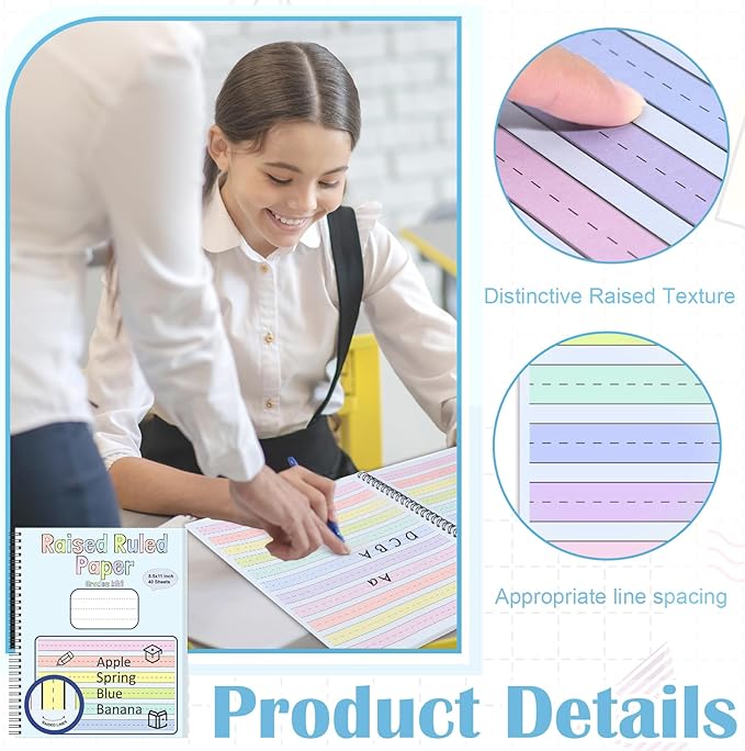 Colored Raised Line Handwriting Paper 8.5x11 Inch Wide Ruled Writing Paper Spiral Bound with ADHD 0.63 In Spacing Multi Sensory Dysgraphia Pad Handwriting Practice Workbook for Kids Kindergarten