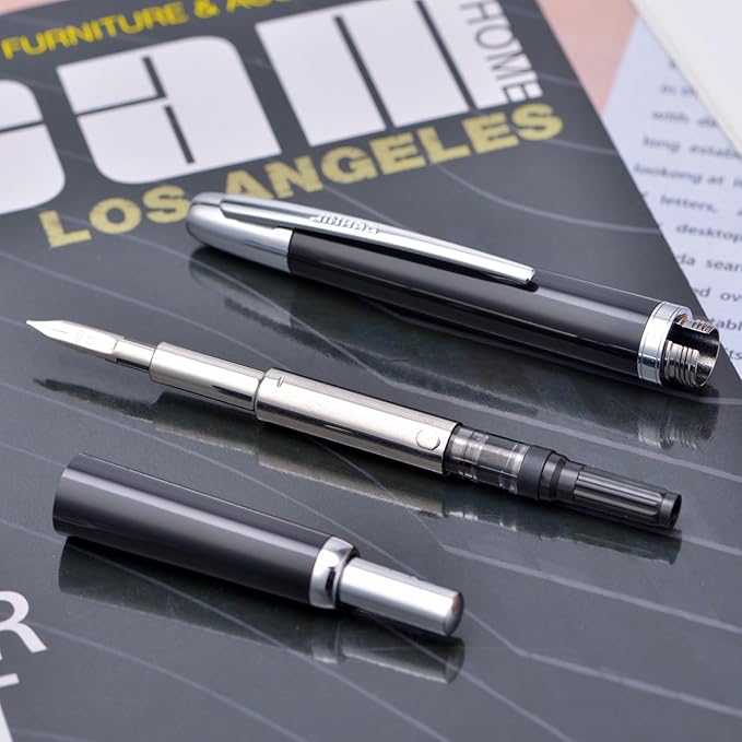Jinhao 20 Press Fountain Pen, Piano Black Retractable Medium Nib with Ink Converter Set (Silver Clip)