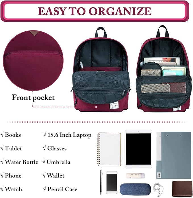 VASCHY School Backpack, Ultra Lightweight Backpack for Women Bookbag for Kids Teen Boys Girls Burgundy