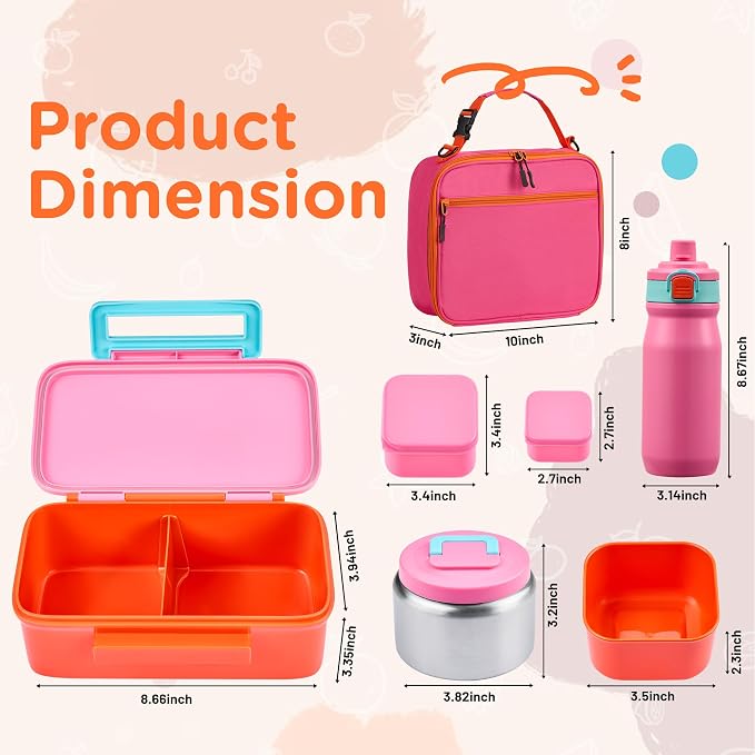 MAISON HUIS Bento Box for Kids with 8oz Soup Thermo, Insulated Lunch Bag & 17oz Water Bottle, 2-Compartment Bento Box with Built-In Ice Pack, Leak-Proof & BPA-Free (Pink)