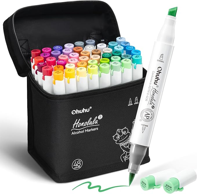 Ohuhu Alcohol Markers Brush and Chisel Tip: 48-Color Double Tipped Art Marker Set for Artist Adults Cozy Coloring Illustrations - Honolulu 2- Brush and Chisel Dual Tips- Refillable - AP Certificated