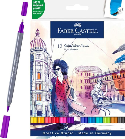 Faber-Castell Goldfaber Aqua Dual Tip Watercolor Markers - 12 Watercolor Brush Pens, Watercolor Markers for Adults, Real Brush Nib and Fineliner Tip Art Markers