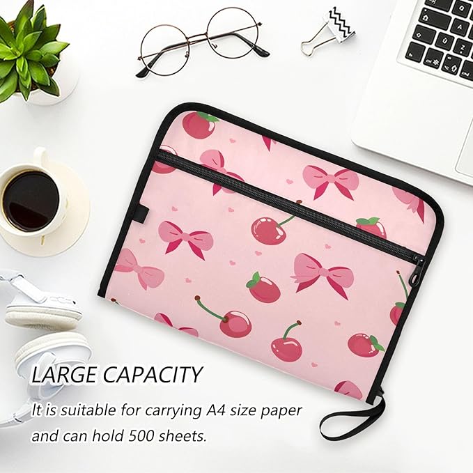 Pink Bows Cherries Pattern 13 Pocket File Organizer Expanding File Folder with Front Pouch Portable Business File Storage Document Organizer Folder with Zipper