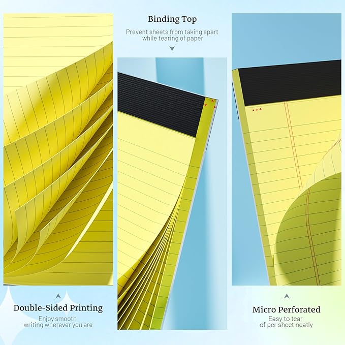 Yellow Legal Pad, 8.5 x 11 College Ruled Notepad, 12 Pack Legal Notepads 8.5 x 11 Writing Pads, 30 Sheets Per Note Pad, Micro Perforated Lined Paper for Work Study Daily Note Taking List