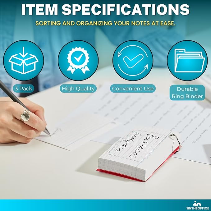 1InTheOffice Index Cards with Ring, Ruled Index Cards with Ring, 3" x5", 100 White Cards/Ring