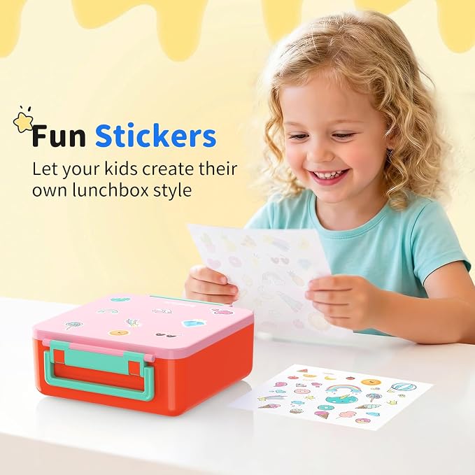 Bento Box for Kids, Lunch Box with Sticker for School | DIY Sticker Fun, Quick Lunch Packing, 4-Compartment Design, Insulated Food Jar, BPA-Free, Leak-Proof