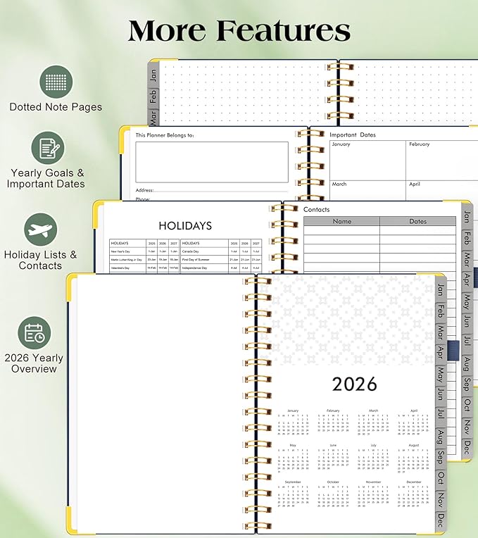 2026 Planner, Hardcover Leather Weekly and Monthly Planner, January 2026 - December 2026, Spiral Yearly Agenda Organizer Book 2026 with Tabs, Daily Calendar Planners for School Work Home, A5 (5.75" x 8.38"), Navy