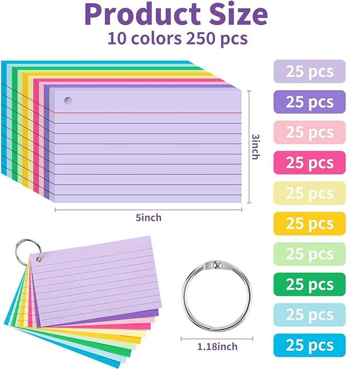 250 Count Colored Index Cards for Studying, 3x5 Inch Ruled Flash Cards 10 Color with Key Ring, 5 Packs of 50 Sheets Heavy Lined Study Note Cards with Waterproof Cover for School&Office Supplies