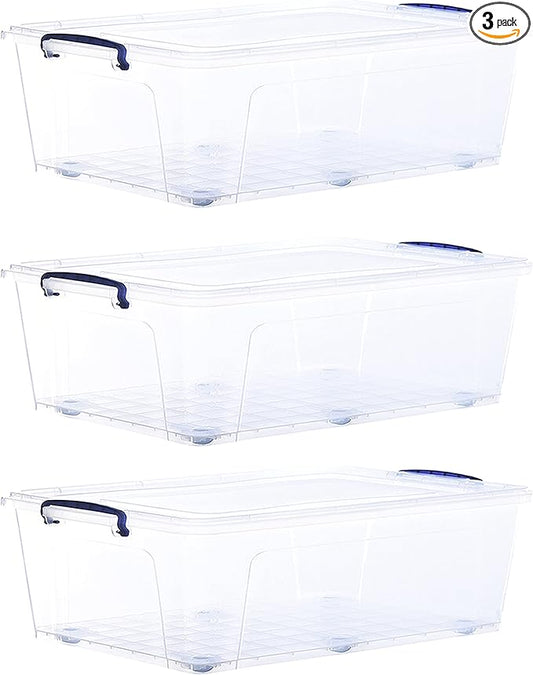 Superio Under Bed Storage Containers with Wheels (3 Pack), Flat Clear Storage Bin Stackable Large Storage Latch Box with Lids Store Cloths, Bedding, Linen, For Under The Bed, Garage, Home