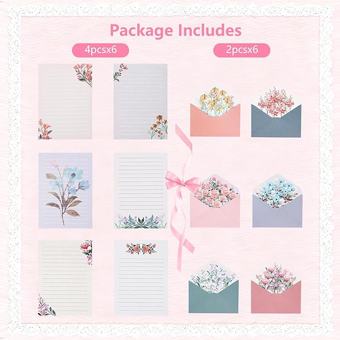 37 Pcs Stationery Paper Envelopes Set Includes 24 Lined Writing Paper & 12 Envelopes with 48 Round Stickers, Warm Floral Themed Letter Stationary Set for Wedding Invitations Wishes Flower(6 Style)