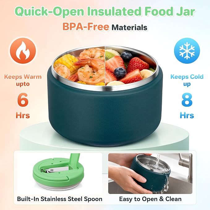 Bento Lunch Box with 8oz Soup Thermo,Kids Leakproof 4 Compartment Lunch Food Containers with Sauce Cup and Ice Pack,Kids Thermo Insulated Hot Food Jar and Lunch Bag for School,Trvael-Green