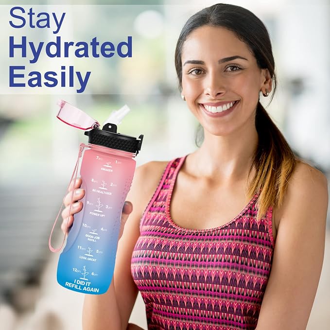24 OZ Motivational Kids Water Bottle With Time Marker,Straw Lid,Leak Proof, Tritan BPA Free Sports Water Bottle Pink-Blue(1 Lid)