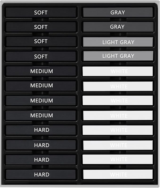 24 Pcs Compressed Charcoal Sticks with Soft, Medium, Hard and White Charcoal, Square Charcoal Stick Kit for Drawing, Sketching and Shading (12 Black + 4 Gray + 8 White)