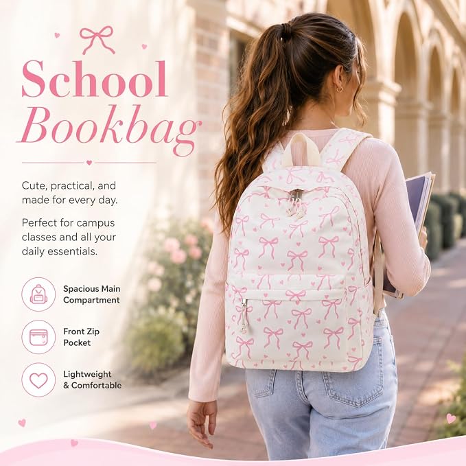 LOIDOU Backpack for Teen Girls Bookbags School Backpack with Lunch Box 2 in 1 School Bags Set (Bow Tie Beige)