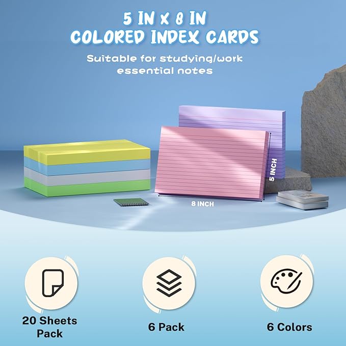 120 Count Index Cards 5x8, 6 Colors large Index Card, Colored Note Cards 5x8, 20 Sheets Per Lined Index Cards Ruled, Color flash cards 5x8, Colored Notecards 5 x 8 for Office, School, and Home