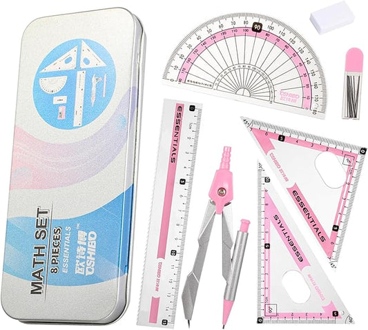 Compass Geometry Tool Protractor and Compass Set 8 Pcs Geometry Set Drawing Compass Geometry Compass and Protractor Set Math Compass with Shatterproof Storage Box for Class Supplies and School Pink