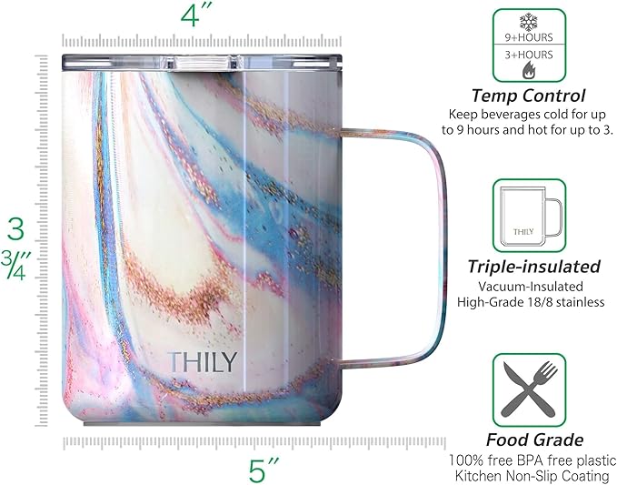THILY Stainless Steel Insulated Coffee Mug 12 oz Vacuum Insulated Coffee Cup with Handle, Spill-Proof Lid, Keep Coffee Cold, Pink Ripple