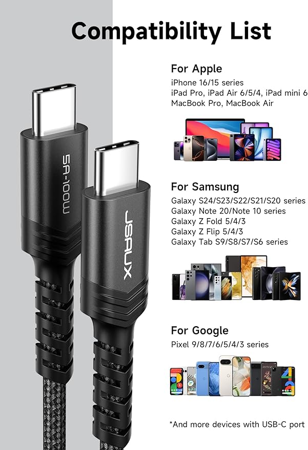 JSAUX 3-Pack USB C to USB C Cable 100W [10ft/6.6ft/3.3ft] Compatible with iPhone 17 Air 16 15 Pro Max Samsung Galaxy S25 S24 CarPlay iPad Pro, Type C to C Charger Cable Fast Charging - Black