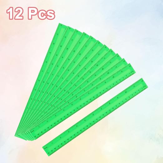 HARFINGTON 12pcs Plastic Rulers 12" (30cm) Clear Straight Ruler Measuring Tool Inches and Centimeters for Home Office Classrooms Drafting, Green