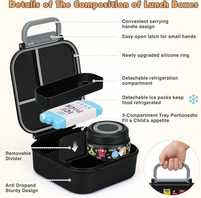 Bento Lunch Box for Kids with 7oz Soup Thermo,Insulated Stainless Steel Kids Water Bottle with Straw and Insulated Lunch Bag,Leak-Proof Lunch Food Container with Ice Pack for School (Black-Cute)