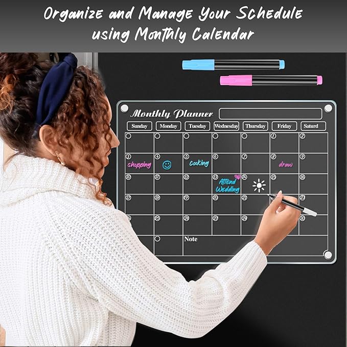 DIYMAG Magnetic Calendar for Refrigerator Dry Erase Wall Planners 15.2"x11.2" Magnet Fridge Monthly White Board Planning Acrylic Clear Chalkboard Apartment Decor Meal Planner with 3 Colors Markers