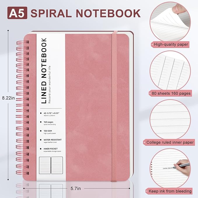 Lined Spiral Journal Notebook with 160 Pages, 8×5.7in, A5 Spiral Notebook, Journaling Notebooks for Work, School, Women, Men, College Ruled Spiral Notebook, Hardcover Leather Journals, Light Red