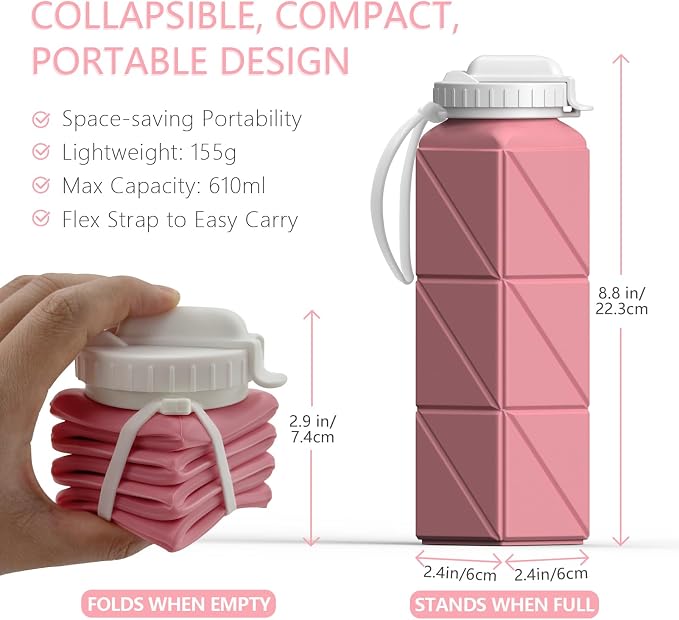 BEAUTAIL Collapsible Water Bottles with Straw 21 oz, Travel Water Bottle | BPA Free, Leakproof & Reusable, Silicone Foldable Water Bottle for Traveling, Hiking, School, Sports, Outdoor, 1-Pack, Pink