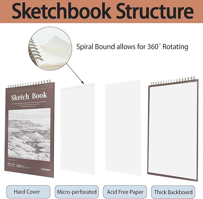 Crehatos 9" x 12" Sketch Book, Top Spiral Bound Sketch Pad, 100 Sheets Each 68lb/100gsm Drawing Paper, 2 Pack