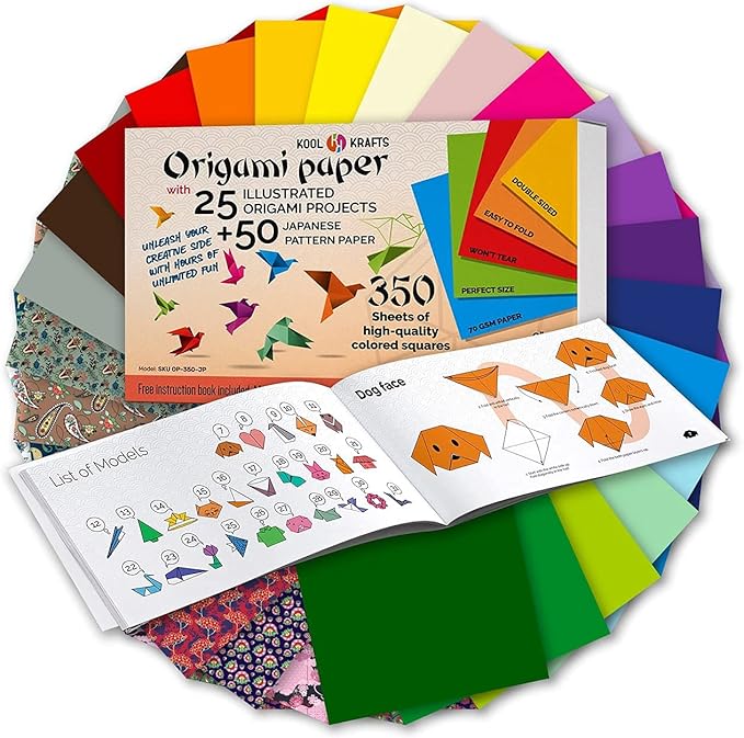 Origami Paper | 350 Origami Paper Kit | Set Includes - 300 Sheets 20 Colors 6x6 | 50 Traditional Japanese Patterns | Origami Book 25 Easy Colored Projects | Kids Crafts | Christmas Gifts for boys 8-12