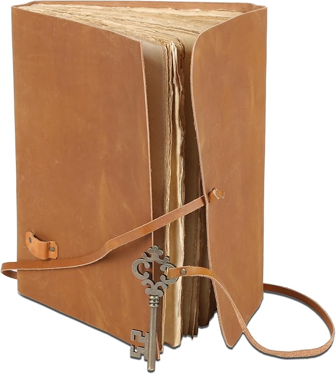 Leather Journal with Deckle Edge Paper 8x6 inch and Vintage Key | Handmade Writing Notebook Diary | Bound Daily Notepad for Men & Women Medium, Sketch/Writing pad for Artists