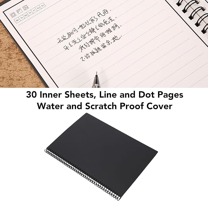 LICAEVEY Reusable Whiteboard Notebook, 180x255mm, 30 Sheets Smart Notepad, Black, Lined and Dotted Notes Pages, App Connected, Erasable